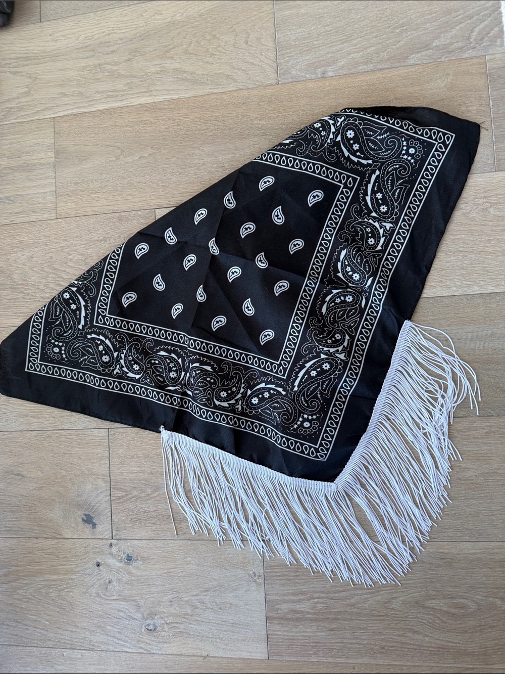 Black Paisley Bandana Scarf with White Fringe